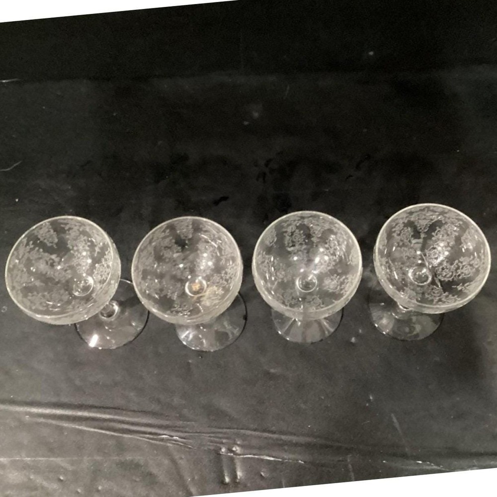 Fostoria Style Chinz Tall Sherbet Glasses, Set Of 4, Vintage Etched Stemware - Picture 5 of 11